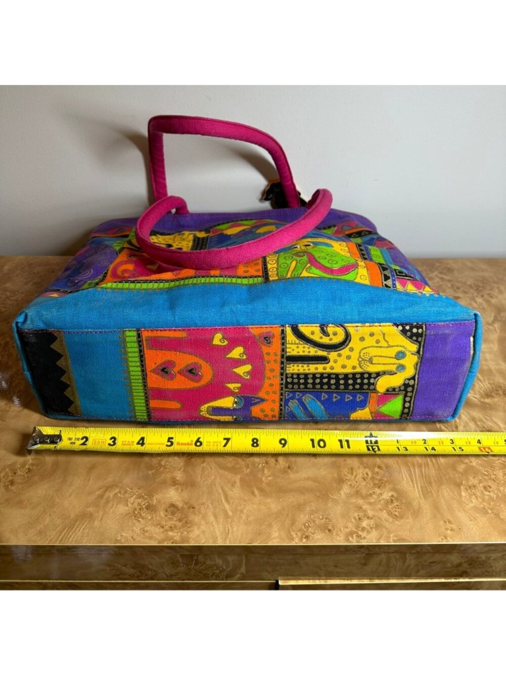 Laurel Burch Colorful Dog Canvas Tote Bag Large Zip Top Shoulder Bag w/ Charms - Picture 5 of 8
